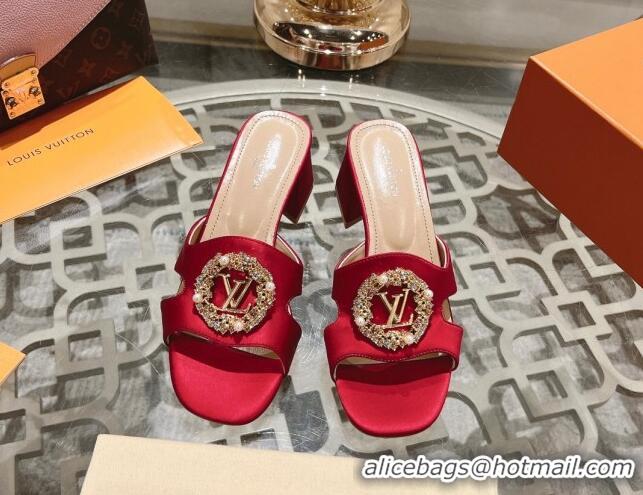 Grade Quality Louis Vuitton LV Met Satin Heel Slide Sandals 5.5cm with Strass Red 06091