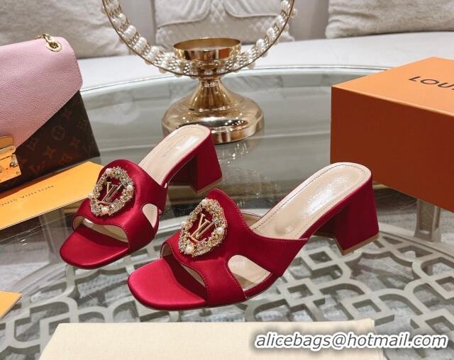 Grade Quality Louis Vuitton LV Met Satin Heel Slide Sandals 5.5cm with Strass Red 06091