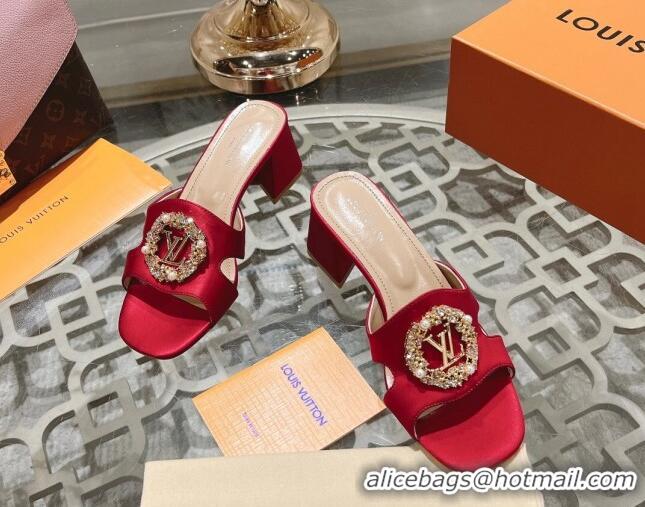 Grade Quality Louis Vuitton LV Met Satin Heel Slide Sandals 5.5cm with Strass Red 06091