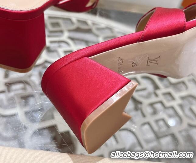 Grade Quality Louis Vuitton LV Met Satin Heel Slide Sandals 5.5cm with Strass Red 06091