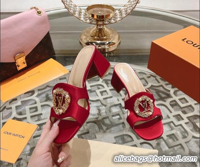 Grade Quality Louis Vuitton LV Met Satin Heel Slide Sandals 5.5cm with Strass Red 06091