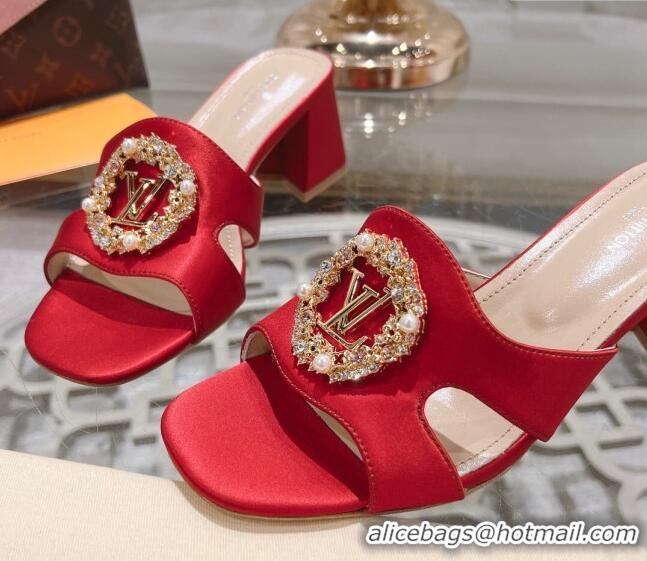 Grade Quality Louis Vuitton LV Met Satin Heel Slide Sandals 5.5cm with Strass Red 06091