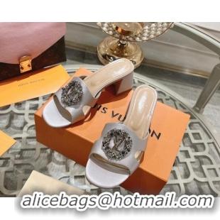 Pretty Style Louis Vuitton LV Met Satin Heel Slide Sandals 5.5cm with Strass Light Grey 06092