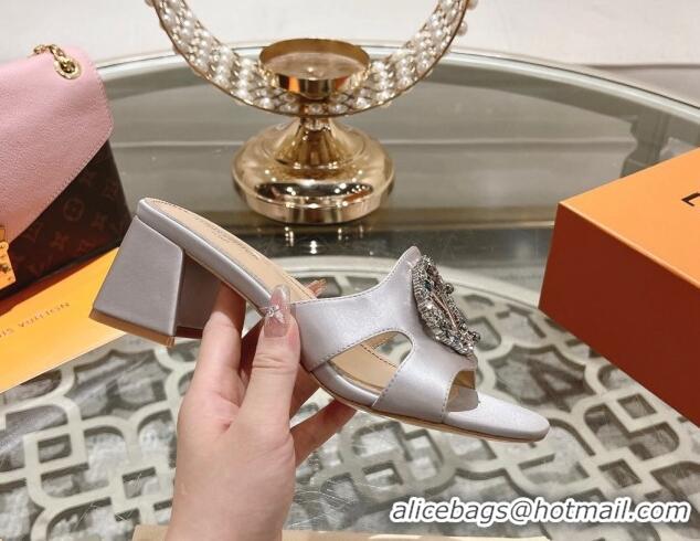 Pretty Style Louis Vuitton LV Met Satin Heel Slide Sandals 5.5cm with Strass Light Grey 06092