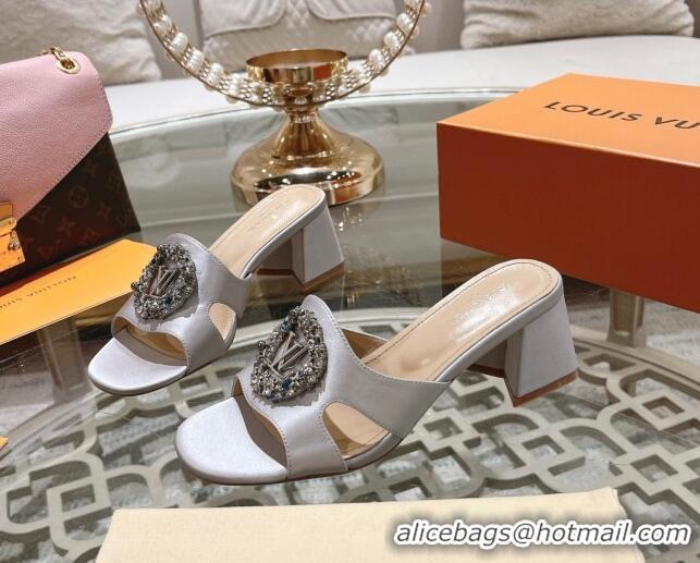 Pretty Style Louis Vuitton LV Met Satin Heel Slide Sandals 5.5cm with Strass Light Grey 06092