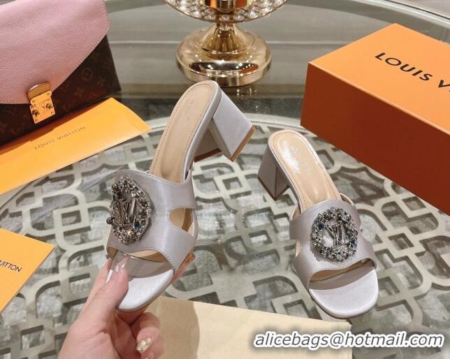 Pretty Style Louis Vuitton LV Met Satin Heel Slide Sandals 5.5cm with Strass Light Grey 06092