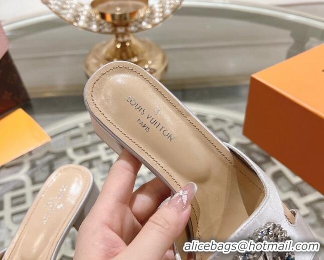 Pretty Style Louis Vuitton LV Met Satin Heel Slide Sandals 5.5cm with Strass Light Grey 06092