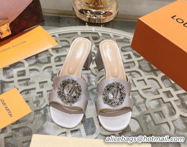 Pretty Style Louis Vuitton LV Met Satin Heel Slide Sandals 5.5cm with Strass Light Grey 06092