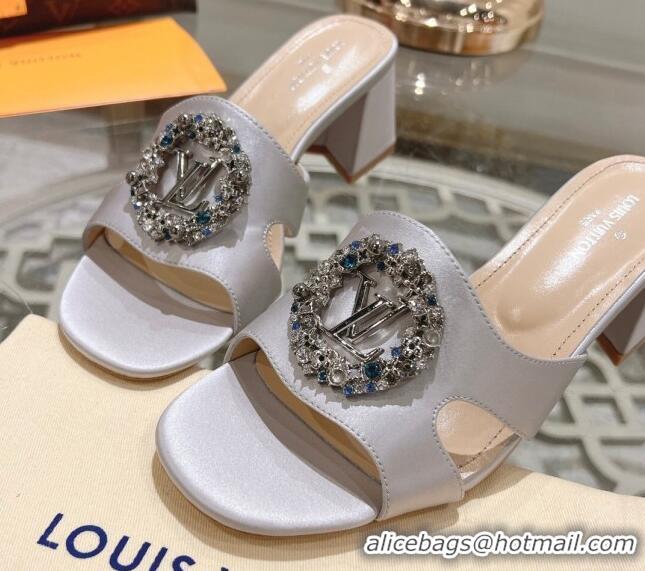 Pretty Style Louis Vuitton LV Met Satin Heel Slide Sandals 5.5cm with Strass Light Grey 06092