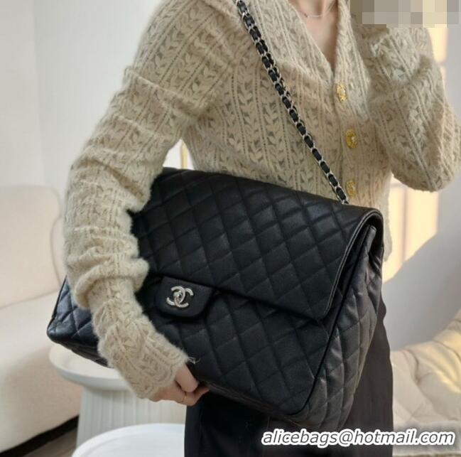 Best Price Chanel XXL Airline Travel Flap Bag in Grained Leather A4661 Black/Silver 2024 Top