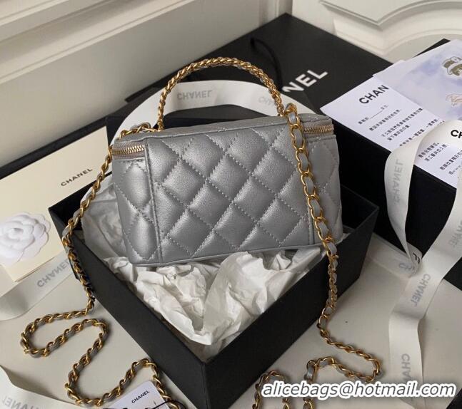 Promotional Chanel Quilted Lambskin Clutch with Chain Top Handle and Crystals AP3663 Grey 2023