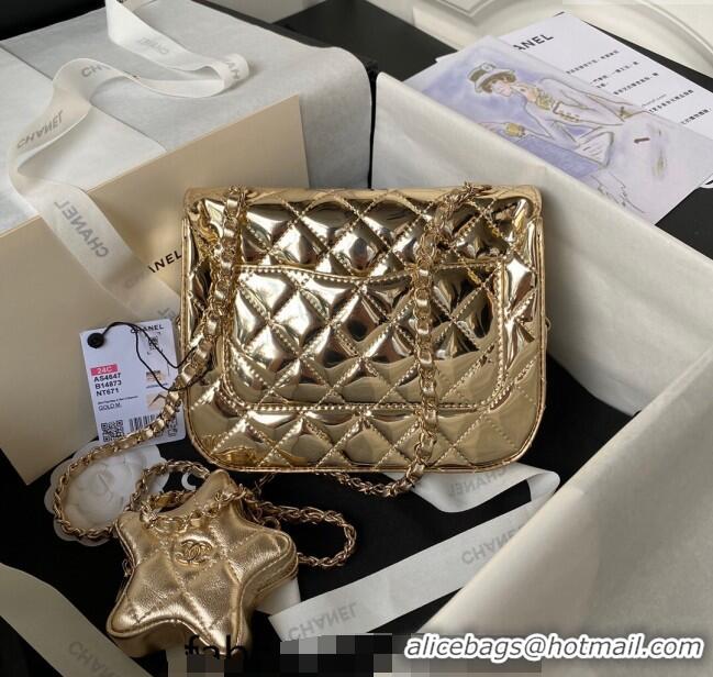 Most Popular Chanel Mirror Calfskin Mini Flap Bag & Star Coin Purse AS4647 Gold 2023