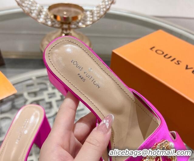 Stylish Louis Vuitton LV Met Satin Heel Slide Sandals 5.5cm with Strass Dark Pink 06093