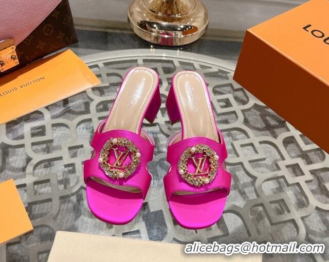 Stylish Louis Vuitton LV Met Satin Heel Slide Sandals 5.5cm with Strass Dark Pink 06093