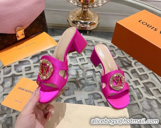 Stylish Louis Vuitton LV Met Satin Heel Slide Sandals 5.5cm with Strass Dark Pink 06093