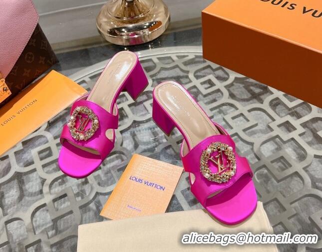 Stylish Louis Vuitton LV Met Satin Heel Slide Sandals 5.5cm with Strass Dark Pink 06093