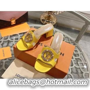 Good Quality Louis Vuitton LV Met Satin Heel Slide Sandals 5.5cm with Strass Yellow 606094