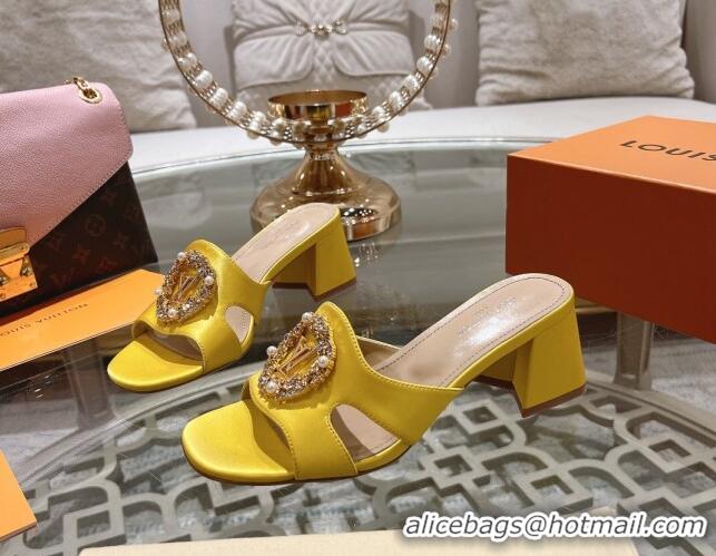 Good Quality Louis Vuitton LV Met Satin Heel Slide Sandals 5.5cm with Strass Yellow 606094