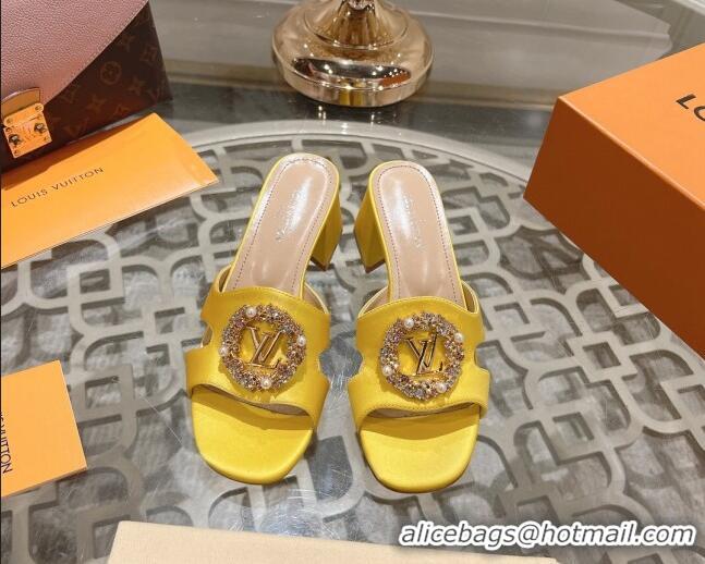 Good Quality Louis Vuitton LV Met Satin Heel Slide Sandals 5.5cm with Strass Yellow 606094