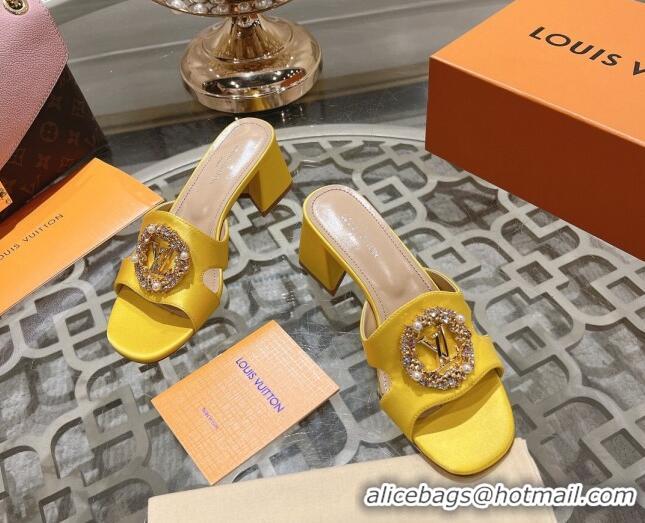 Good Quality Louis Vuitton LV Met Satin Heel Slide Sandals 5.5cm with Strass Yellow 606094