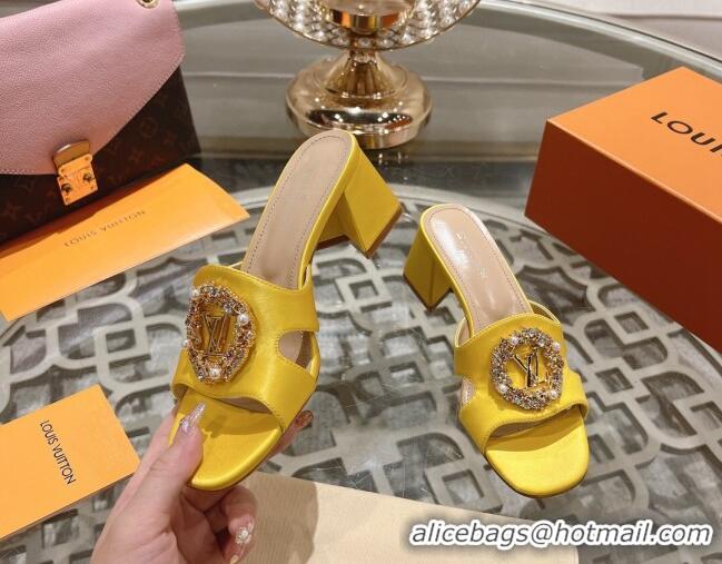 Good Quality Louis Vuitton LV Met Satin Heel Slide Sandals 5.5cm with Strass Yellow 606094