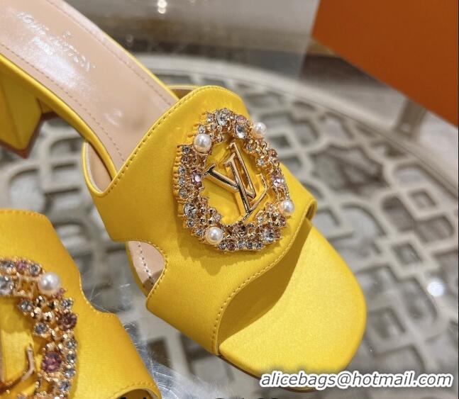 Good Quality Louis Vuitton LV Met Satin Heel Slide Sandals 5.5cm with Strass Yellow 606094