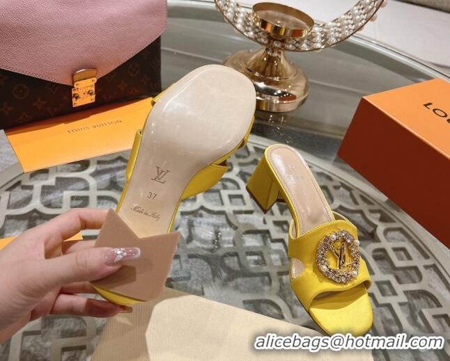 Good Quality Louis Vuitton LV Met Satin Heel Slide Sandals 5.5cm with Strass Yellow 606094