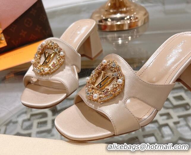 Low Cost Louis Vuitton LV Met Satin Heel Slide Sandals 5.5cm with Strass Nude 06095