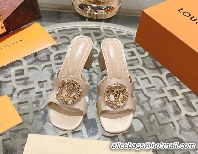 Low Cost Louis Vuitton LV Met Satin Heel Slide Sandals 5.5cm with Strass Nude 06095