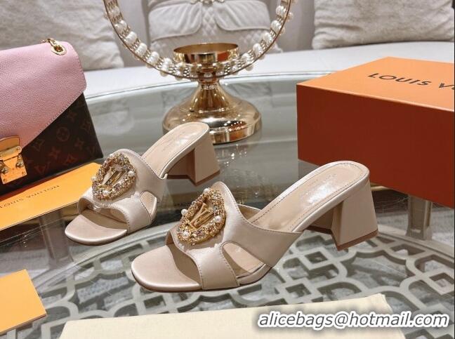 Low Cost Louis Vuitton LV Met Satin Heel Slide Sandals 5.5cm with Strass Nude 06095