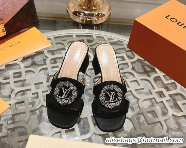 Perfect Louis Vuitton LV Met Satin Heel Slide Sandals 5.5cm with Strass Black 06098