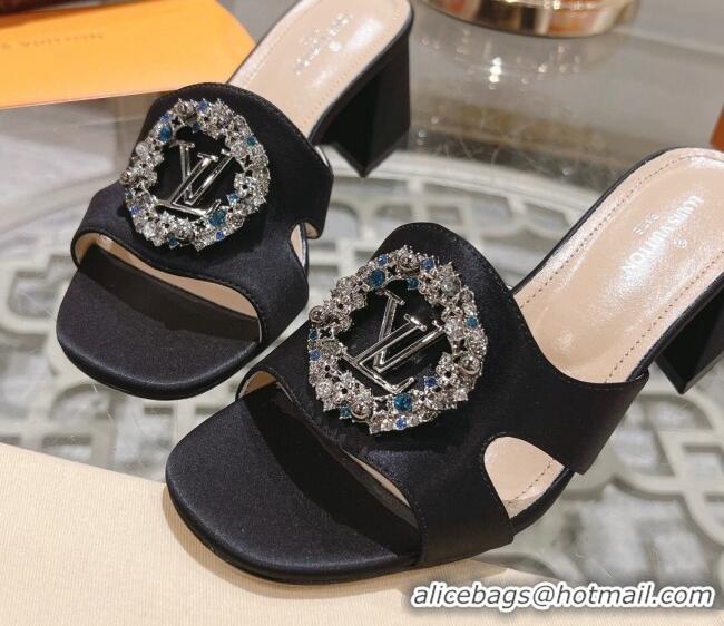 Perfect Louis Vuitton LV Met Satin Heel Slide Sandals 5.5cm with Strass Black 06098