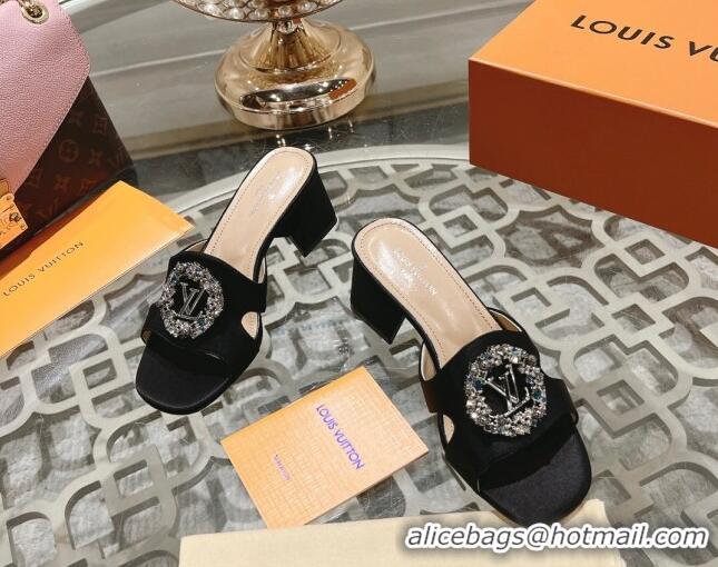 Perfect Louis Vuitton LV Met Satin Heel Slide Sandals 5.5cm with Strass Black 06098