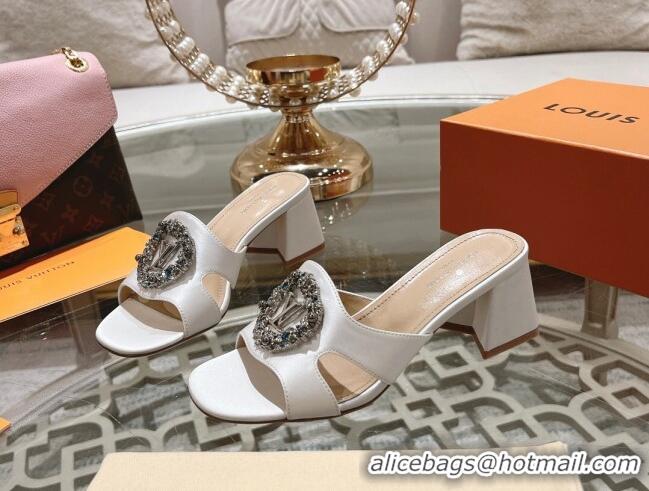 Popular Style Louis Vuitton LV Met Satin Heel Slide Sandals 5.5cm with Strass White 06099