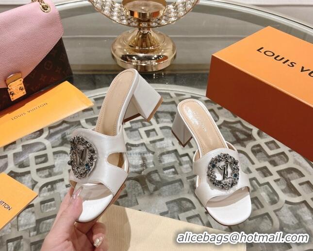 Popular Style Louis Vuitton LV Met Satin Heel Slide Sandals 5.5cm with Strass White 06099