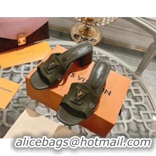 Classic Hot Louis Vuitton Isola Leather Heel Slide Sandals 5.5cm with LV Patch Green 06100