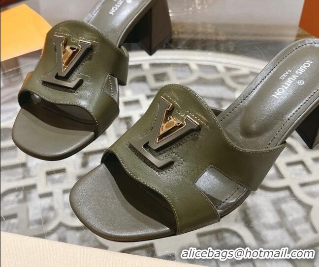 Classic Hot Louis Vuitton Isola Leather Heel Slide Sandals 5.5cm with LV Patch Green 06100