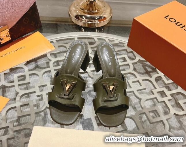 Classic Hot Louis Vuitton Isola Leather Heel Slide Sandals 5.5cm with LV Patch Green 06100