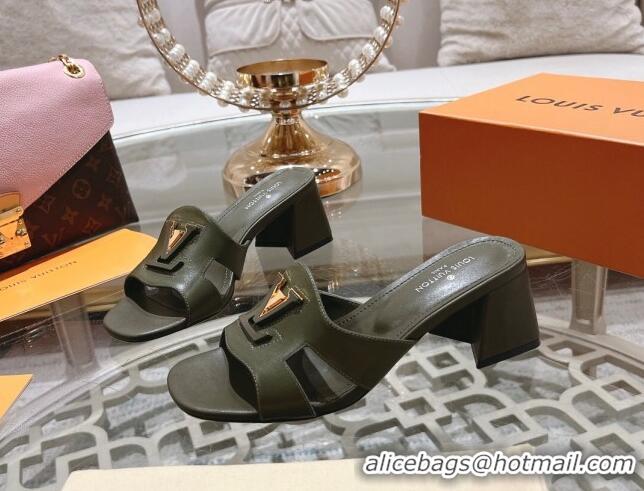 Classic Hot Louis Vuitton Isola Leather Heel Slide Sandals 5.5cm with LV Patch Green 06100