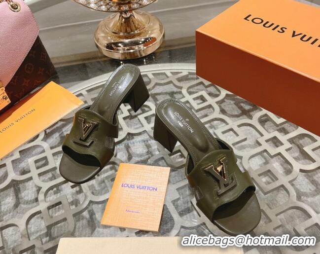 Classic Hot Louis Vuitton Isola Leather Heel Slide Sandals 5.5cm with LV Patch Green 06100