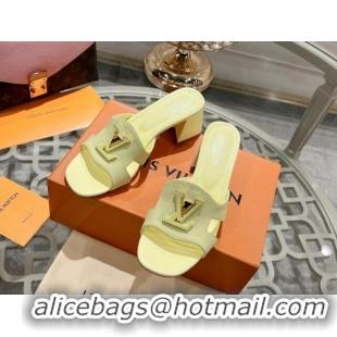 Top Grade Louis Vuitton Isola Leather Heel Slide Sandals 5.5cm with LV Patch Yellow 06101