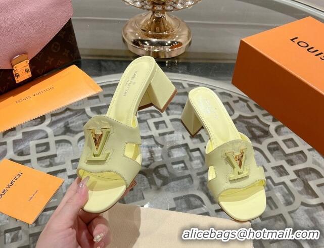 Top Grade Louis Vuitton Isola Leather Heel Slide Sandals 5.5cm with LV Patch Yellow 06101