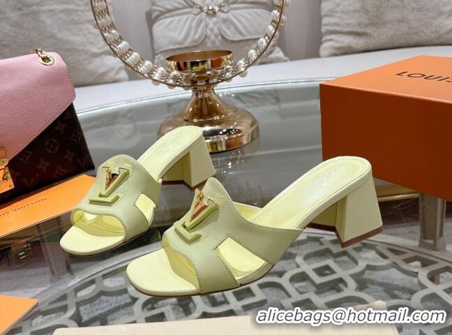 Top Grade Louis Vuitton Isola Leather Heel Slide Sandals 5.5cm with LV Patch Yellow 06101