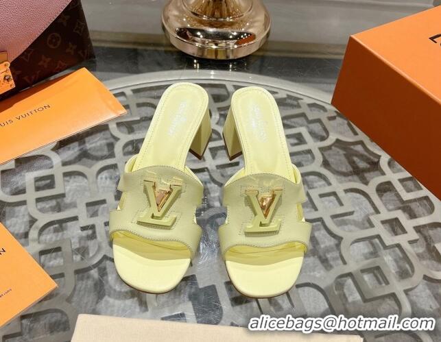 Top Grade Louis Vuitton Isola Leather Heel Slide Sandals 5.5cm with LV Patch Yellow 06101