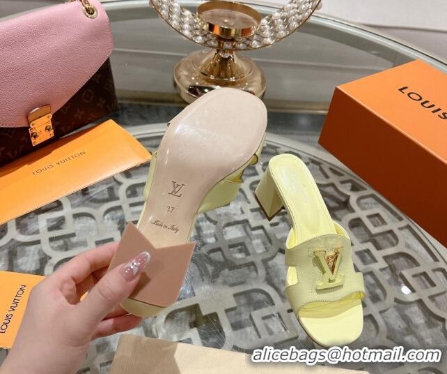 Top Grade Louis Vuitton Isola Leather Heel Slide Sandals 5.5cm with LV Patch Yellow 06101