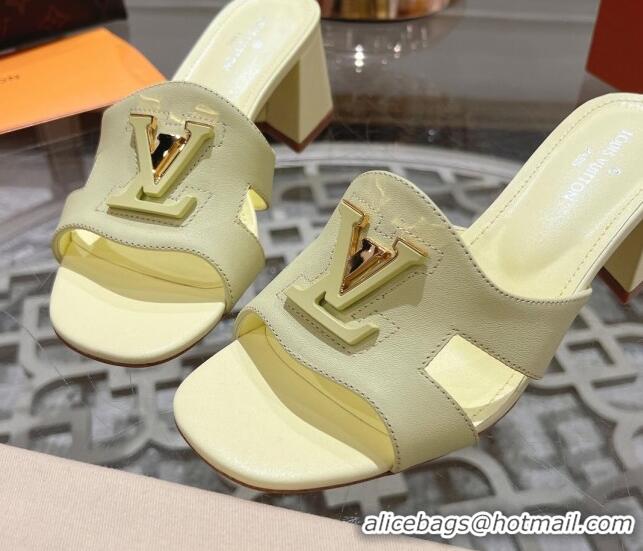 Top Grade Louis Vuitton Isola Leather Heel Slide Sandals 5.5cm with LV Patch Yellow 06101