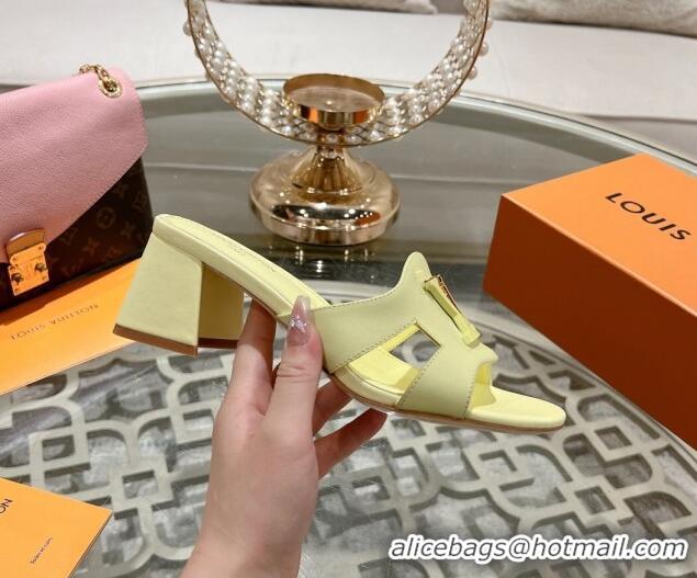 Top Grade Louis Vuitton Isola Leather Heel Slide Sandals 5.5cm with LV Patch Yellow 06101