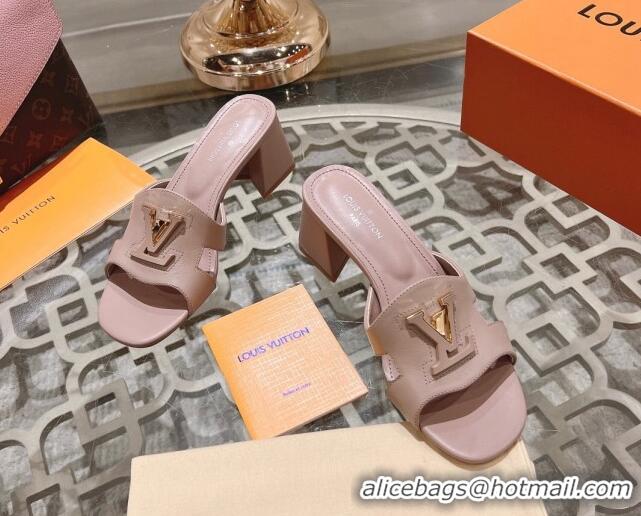 Durable Louis Vuitton Isola Leather Heel Slide Sandals 5.5cm with LV Patch Light Pink 06102