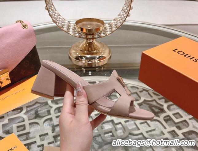 Durable Louis Vuitton Isola Leather Heel Slide Sandals 5.5cm with LV Patch Light Pink 06102