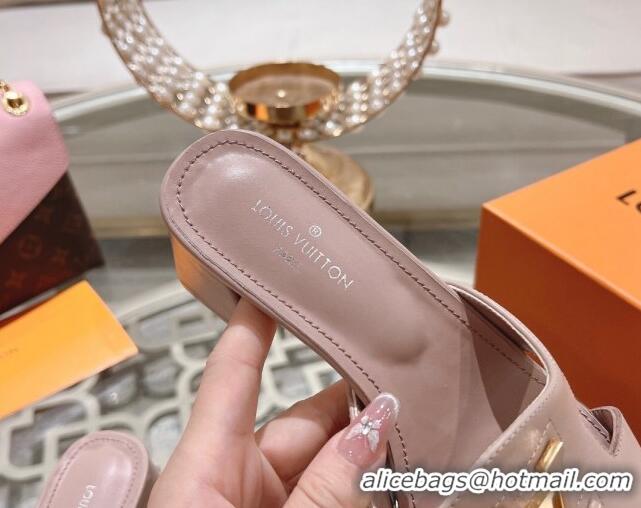 Durable Louis Vuitton Isola Leather Heel Slide Sandals 5.5cm with LV Patch Light Pink 06102